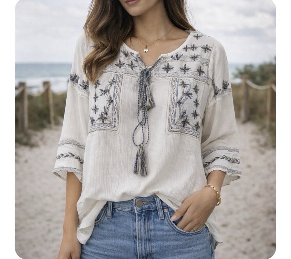 Mūr Mūr Boho Embroidered Peasant Blouse Tassel Tie Gauze Tunic White Medium